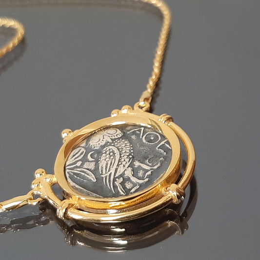 Athena Owl Coin Necklace - Sterling Silver, Gold-Plated Base