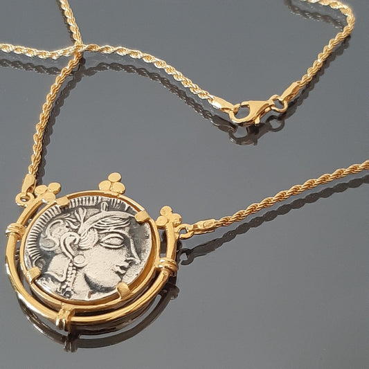 Athena Owl Coin Necklace - Sterling Silver, Gold-Plated Base