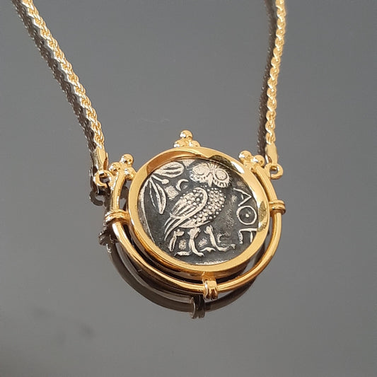 Athena Owl Coin Necklace - Sterling Silver, Gold-Plated Base
