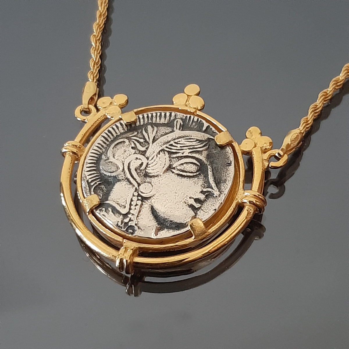 Athena Owl Coin Necklace - Sterling Silver, Gold-Plated Base