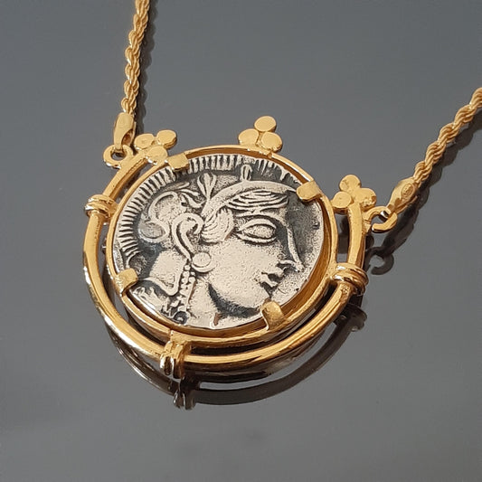 Athena Owl Coin Necklace - Sterling Silver, Gold-Plated Base