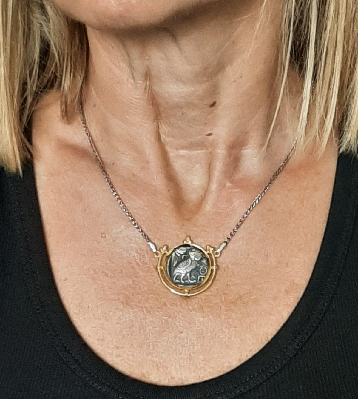 Athena Owl Coin Necklace - Sterling Silver, Gold-Plated Base