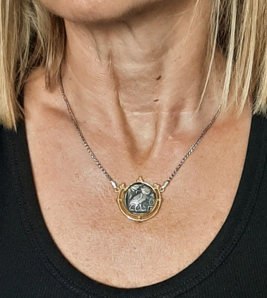 Athena Owl Coin Necklace - Sterling Silver, Gold-Plated Base