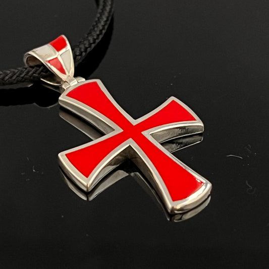 Handmade Sterling Silver Templar Cross Pendant: Red Enamel Jesuit Design — 2