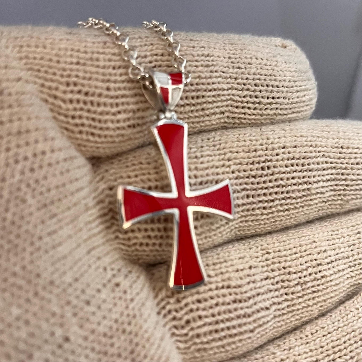Handmade Sterling Silver Templar Cross Pendant: Red Enamel Jesuit Design — 4