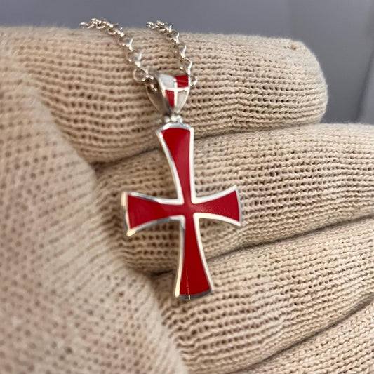 Handmade Sterling Silver Templar Cross Pendant: Red Enamel Jesuit Design — 4