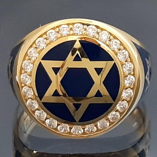 Star of David Ring: Solid Gold with Blue Enamel - Handmade Design
