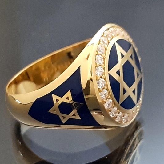 Star of David Ring: Solid Gold with Blue Enamel - Handmade Design — 3