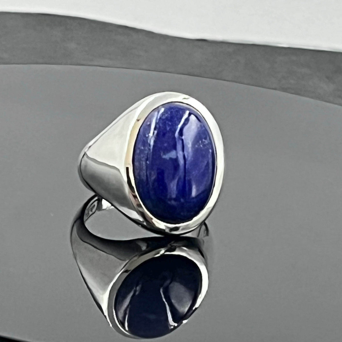 Oval Lapis Lazuli Ring - Solid Sterling Silver, Bold Blue Stone — 6