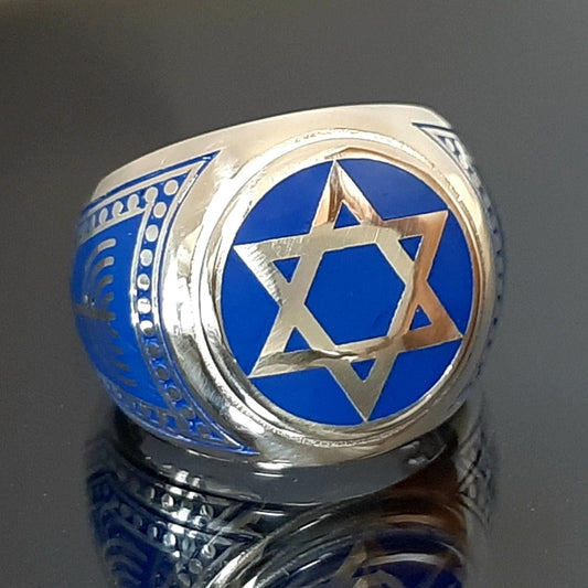 Sterling Silver Star of David Ring: Blue Enamel Jewish Chevalier, King Solomon shield