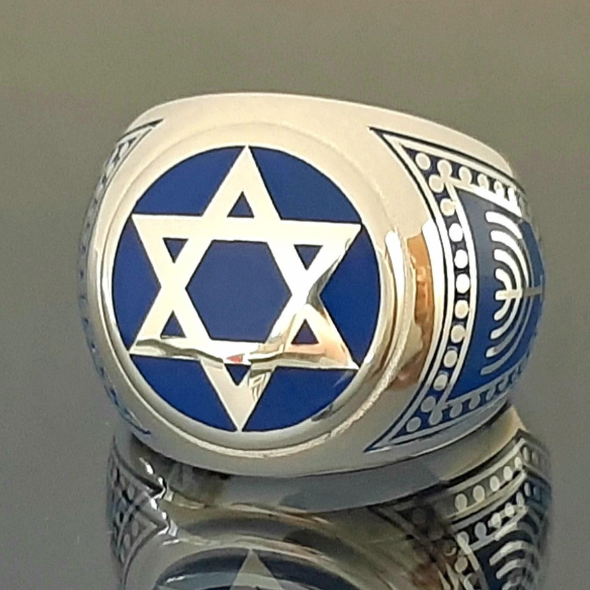 Sterling Silver Star of David Ring: Blue Enamel Jewish Chevalier, King Solomon shield — 2