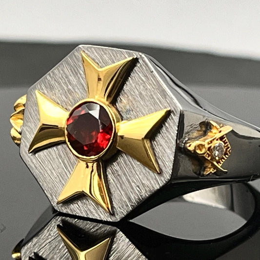 Masonic Sterling Silver Signet Ring: Freemason's Gold Cross, Garnet & Diamond — 2