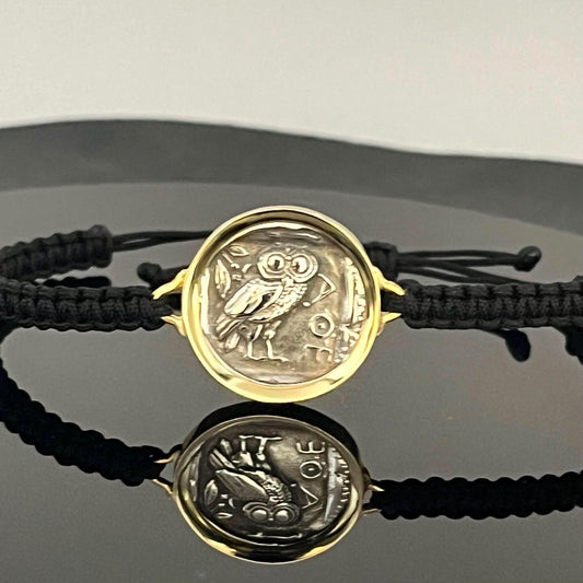 Athena Owl Coin Bracelet: Greek Mythology Jewelry (Adjustable Macrame, Gold-Plated)