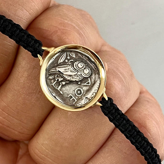 Athena Owl Coin Bracelet: Greek Mythology Jewelry (Adjustable Macrame, Gold-Plated)