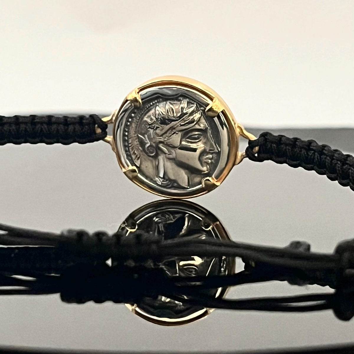 Athena Owl Coin Bracelet: Greek Mythology Jewelry (Adjustable Macrame, Gold-Plated)