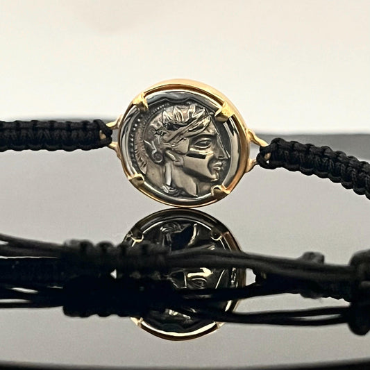 Athena Owl Coin Bracelet: Greek Mythology Jewelry (Adjustable Macrame, Gold-Plated)