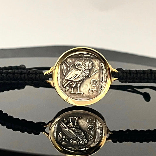 Athena Owl Coin Bracelet: Greek Mythology Jewelry (Adjustable Macrame, Gold-Plated)