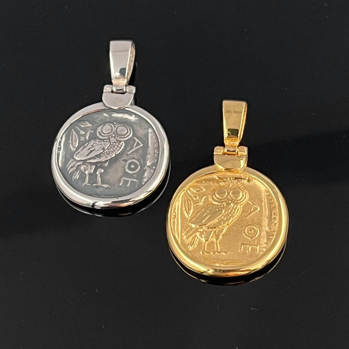 Owl Coin Pendant Set: Ancient Greek Athenian, Sterling Silver Tetradrachm Replicas
