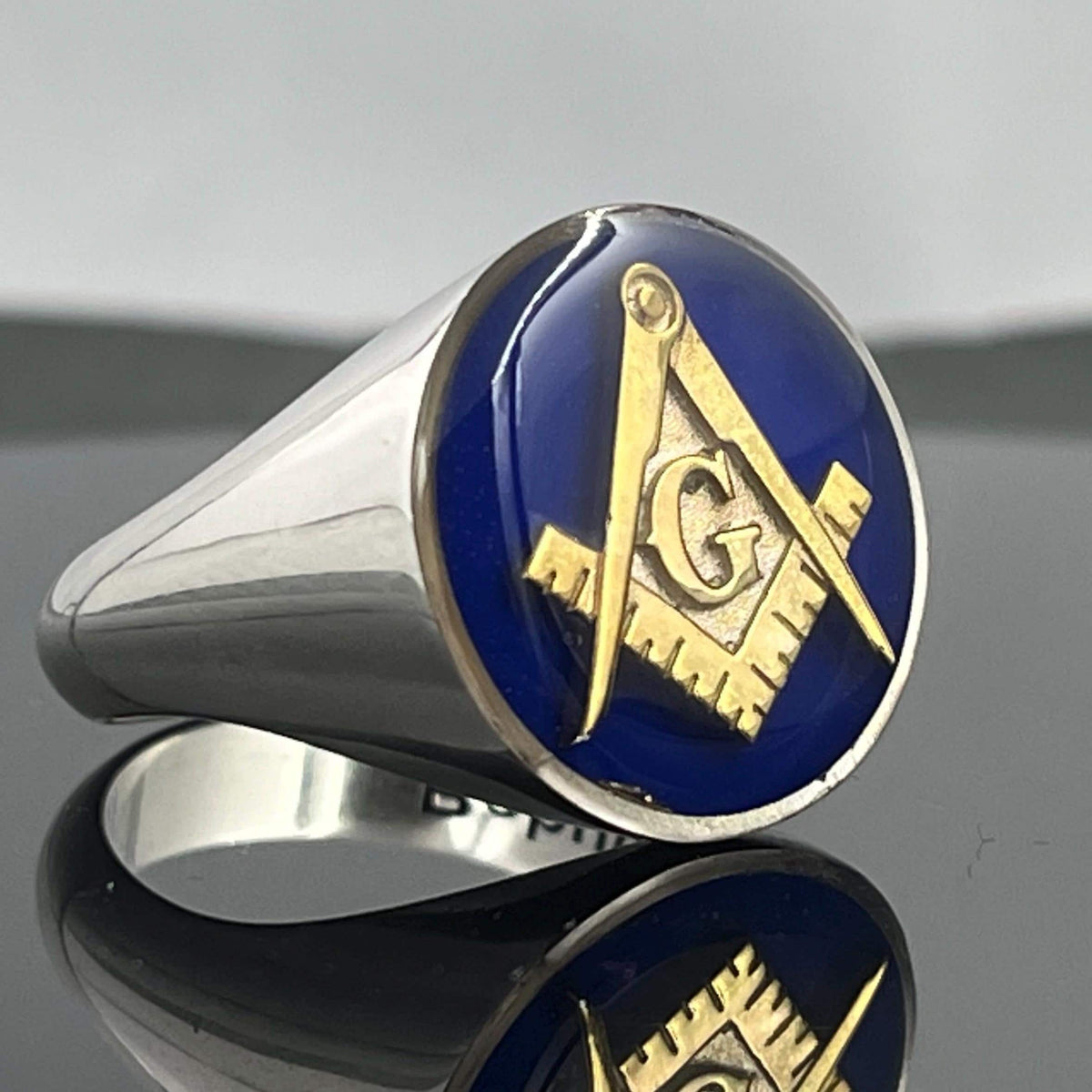 Handmade Sterling Silver Freemason Ring: Blue Enamel Compass, big Solid Chevalier — 4