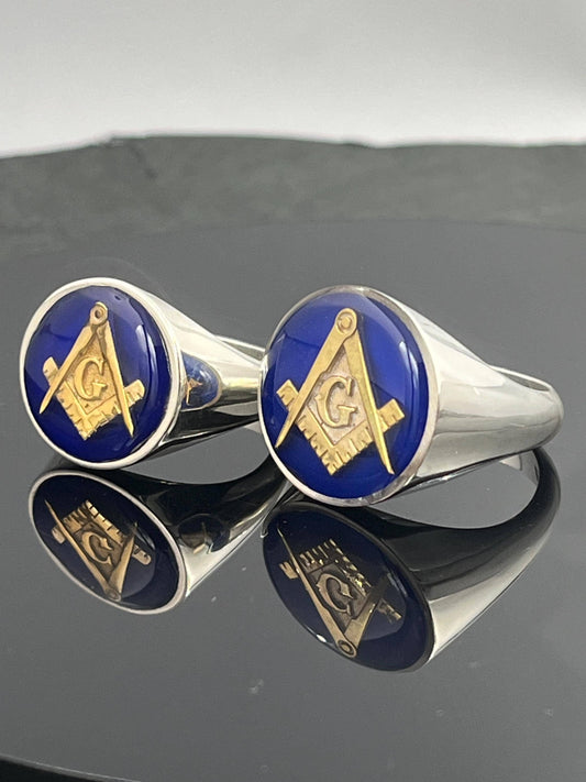 Handmade Sterling Silver Freemason Ring: Blue Enamel Compass, big Solid Chevalier — 8