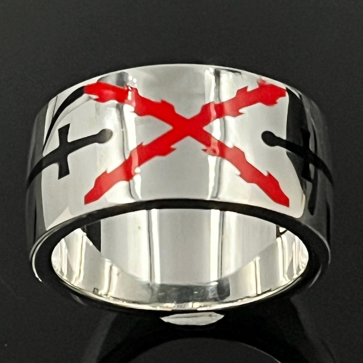 Crusader Sterling Silver Ring - Saint Andrew's Cross with Red Enamel