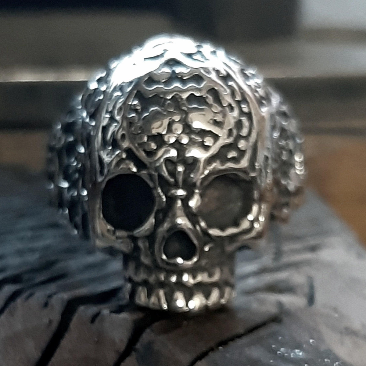 Sugar Skull Chevalier Ring - Sterling Silver Floral Design — 4