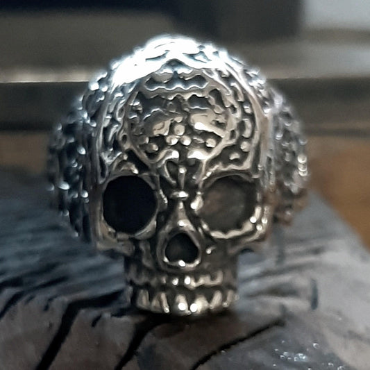 Sugar Skull Chevalier Ring - Sterling Silver Floral Design — 4