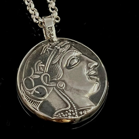 Greek Mythology Owl Pendant, Sterling Silver (Open Wings, 26mm) — 2