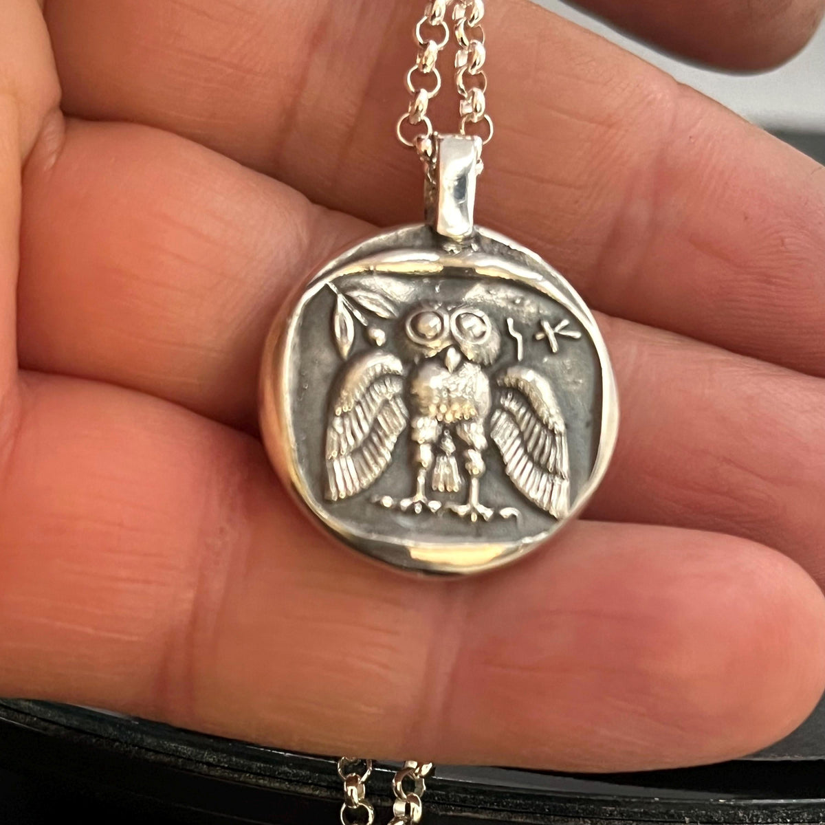 Greek Mythology Owl Pendant, Sterling Silver (Open Wings, 26mm) — 4