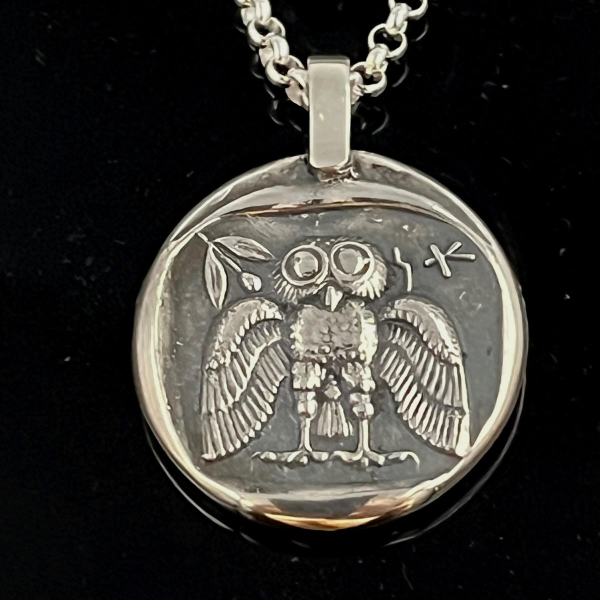 Greek Mythology Owl Pendant, Sterling Silver (Open Wings, 26mm) — 5
