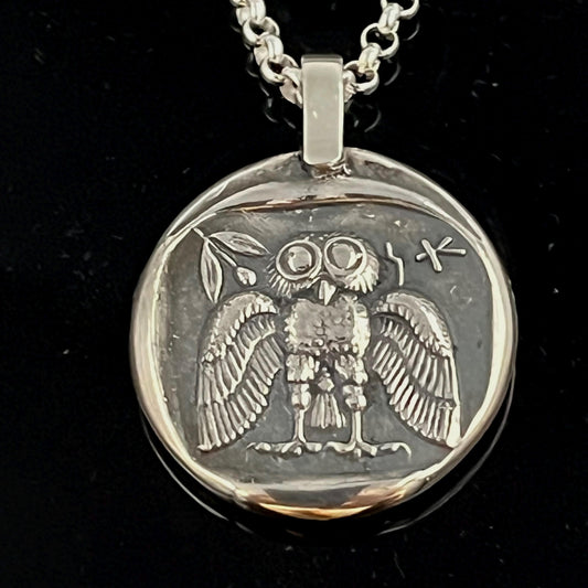 Greek Mythology Owl Pendant, Sterling Silver (Open Wings, 26mm) — 5