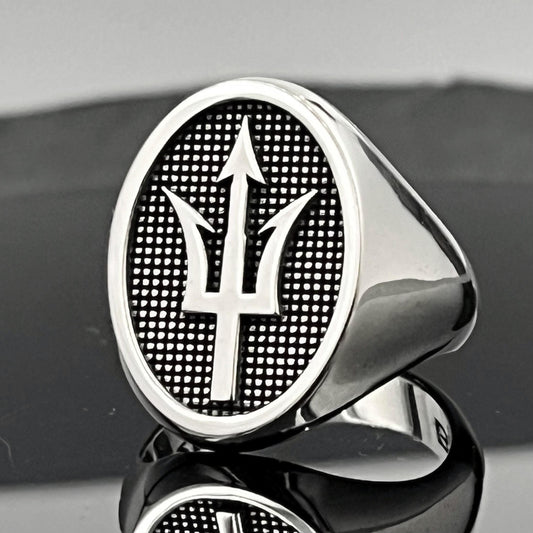 Sterling Silver Trident Ring: Large Oval Signet, Poseidon Jewelry