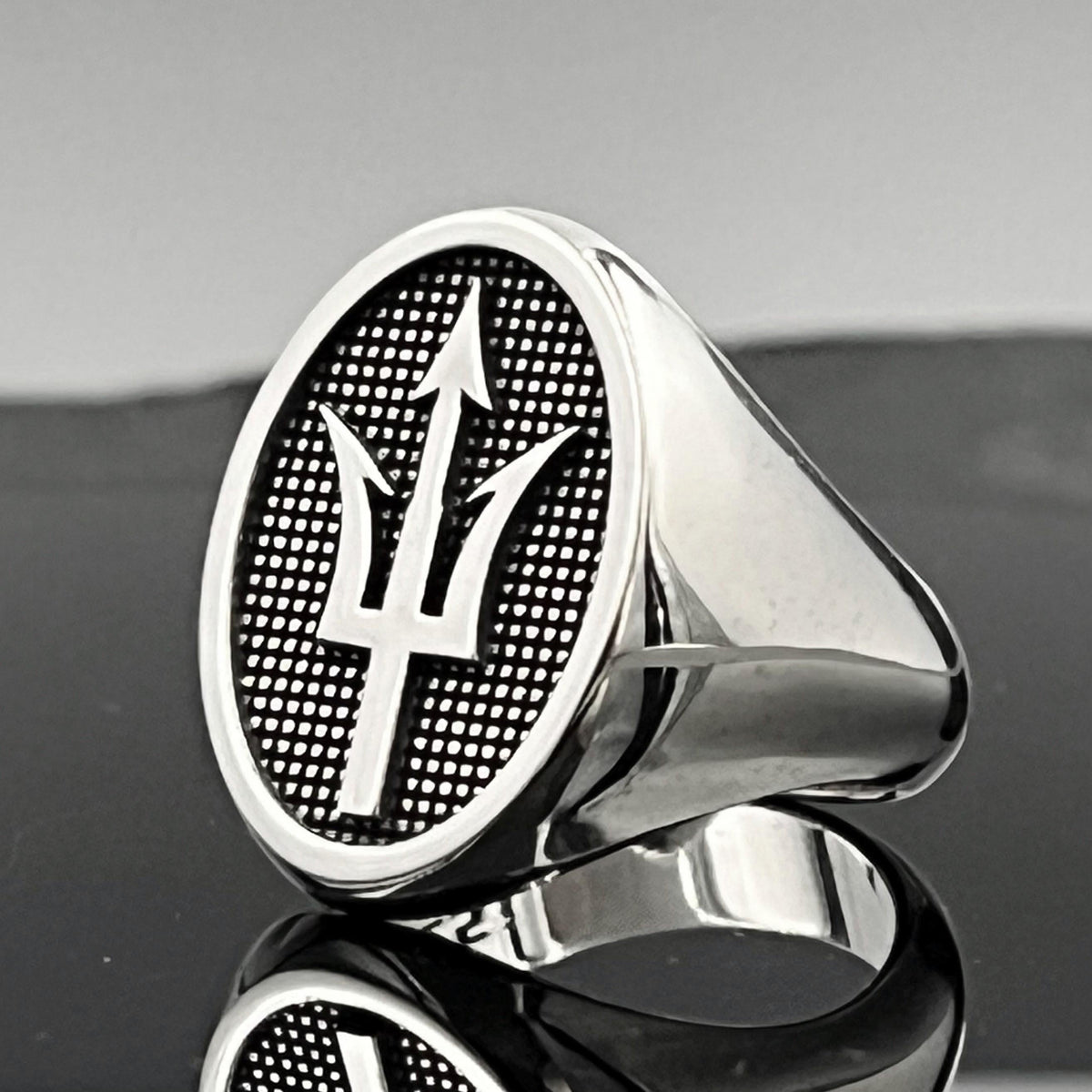 Sterling Silver Trident Ring: Large Oval Signet, Poseidon Jewelry — 2