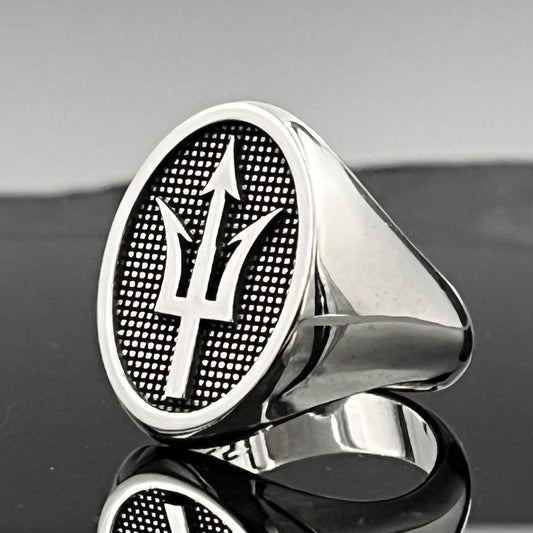 Sterling Silver Trident Ring: Large Oval Signet, Poseidon Jewelry — 2